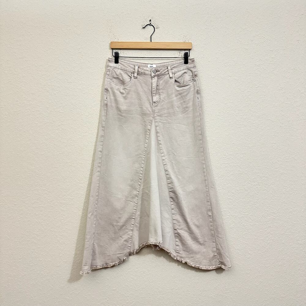 WASH LAB Selma Pieced Maxi Skirt Beige Denim Frayed A-Line Asymmetric